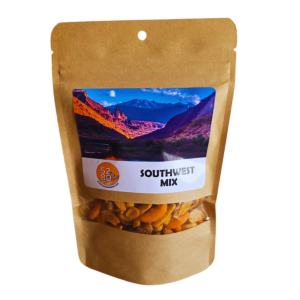 Spicy Southwest snack mix with corn sticks, sesame sticks, peanuts, chili bits, and Southwestern spices