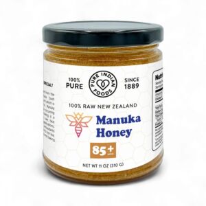 Pure Indian Foods raw New Zealand Manuka Honey MGO 85+ in an 11 oz glass jar with black lid