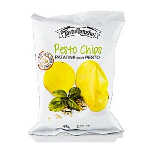 TartufLanghe Pesto Chips 45 g bag with golden potato chips, fresh basil and pine nuts